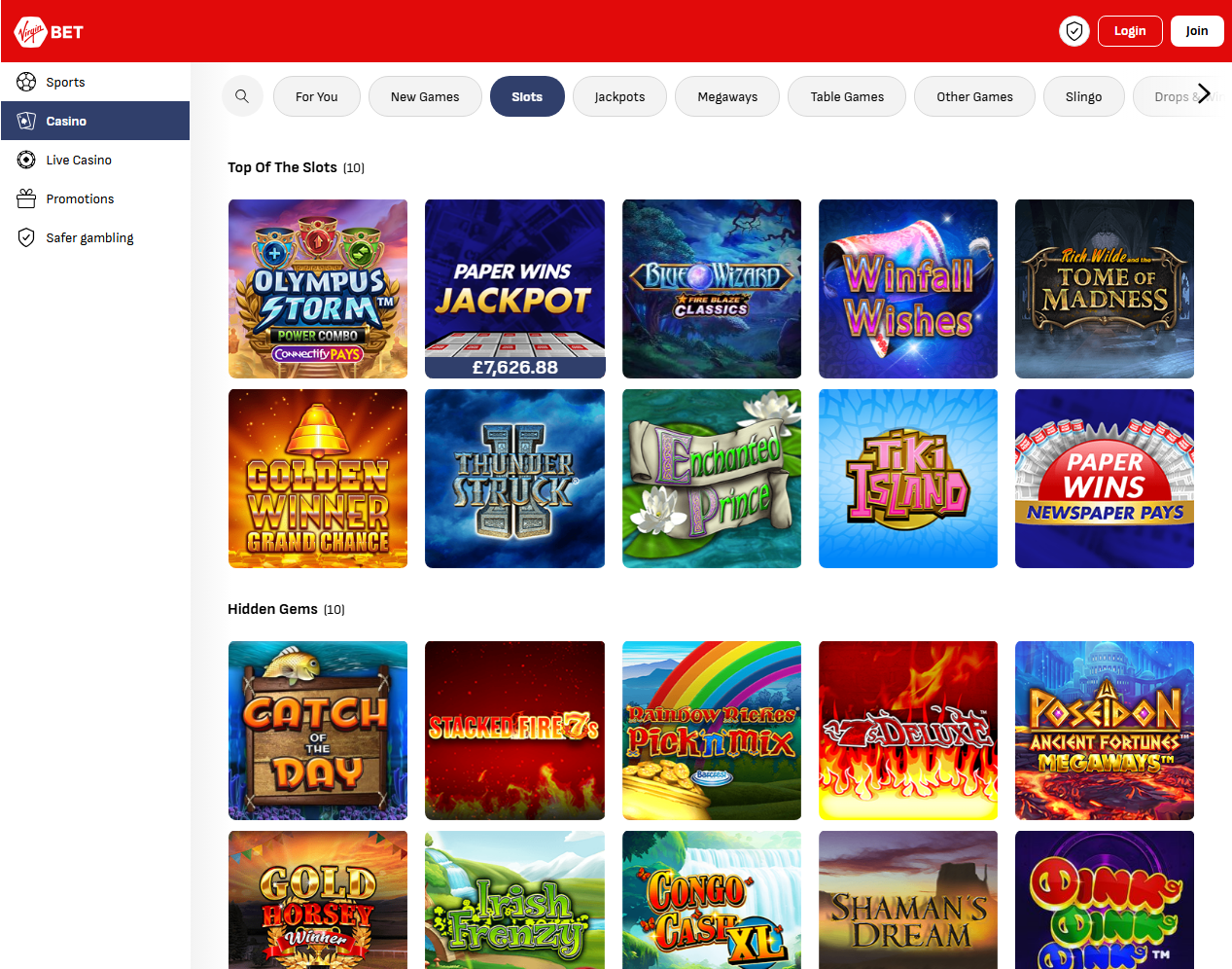 Virgin Bet Slots UK