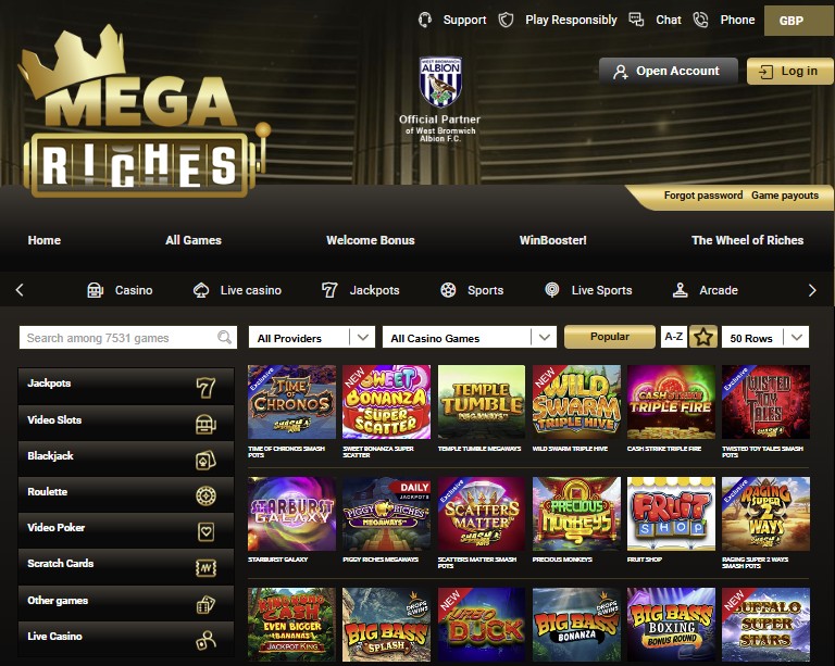 Megariches casino games lobby.
