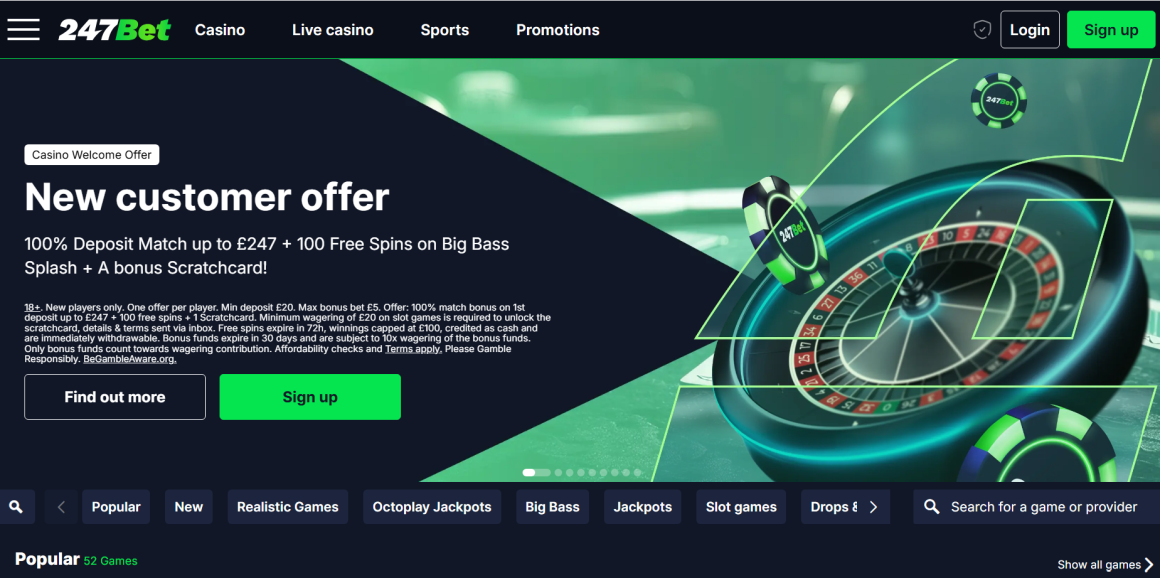 247bet Casino – 100% up to £247 + 100 Spins