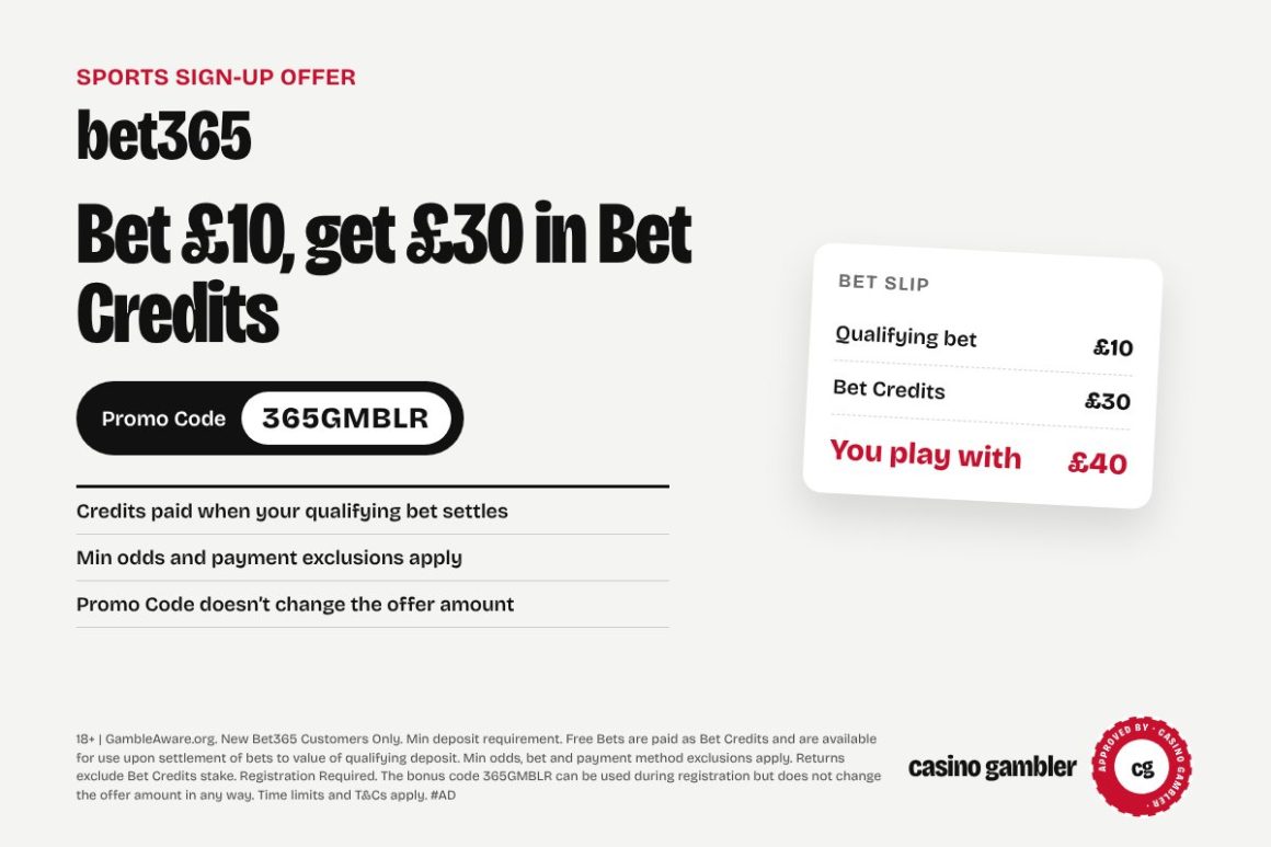 bet365 promo code 365GMBLR on bet365's sign-up form, with the bet £10 get £30 in Bet Credits offer