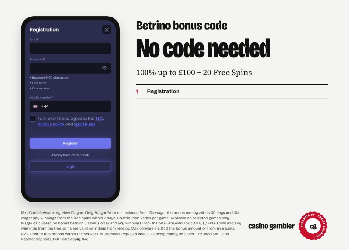 Betrino bonus code not needed: 100% up to £100 + 20 Free Spins, shown beside Betrino’s own sign-up form
