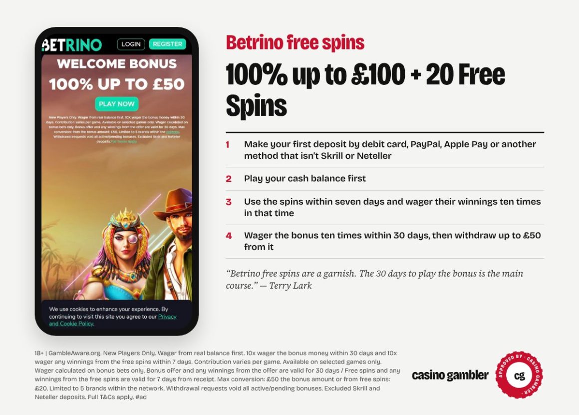Betrino free spins: 100% up to £100 + 20 Free Spins, with Betrino’s welcome offer page and how to claim