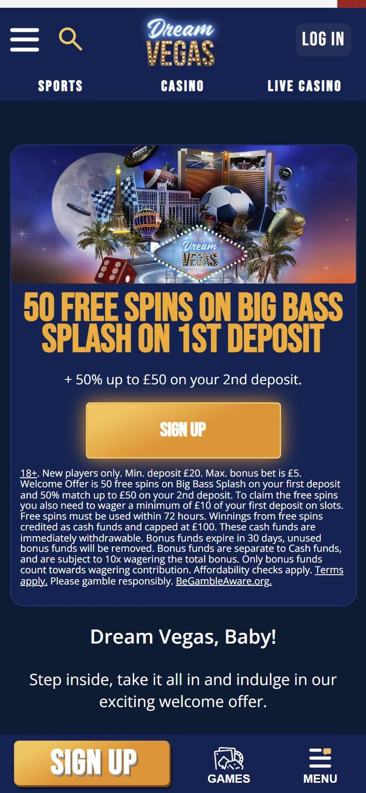Dream Vegas welcome offer page, approved by Casino Gambler