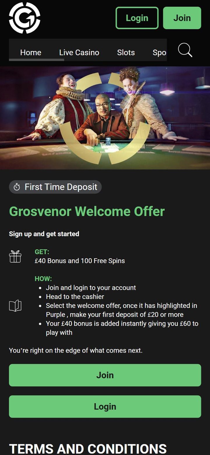 Grosvenor Casino welcome offer page