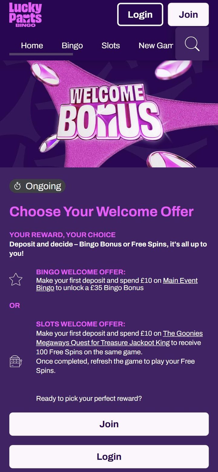 Lucky Pants Bingo welcome offer page