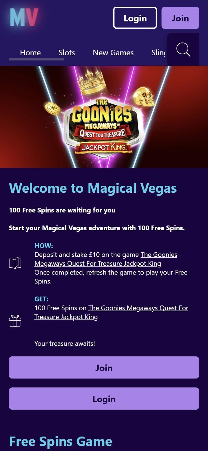 Magical Vegas welcome offer page