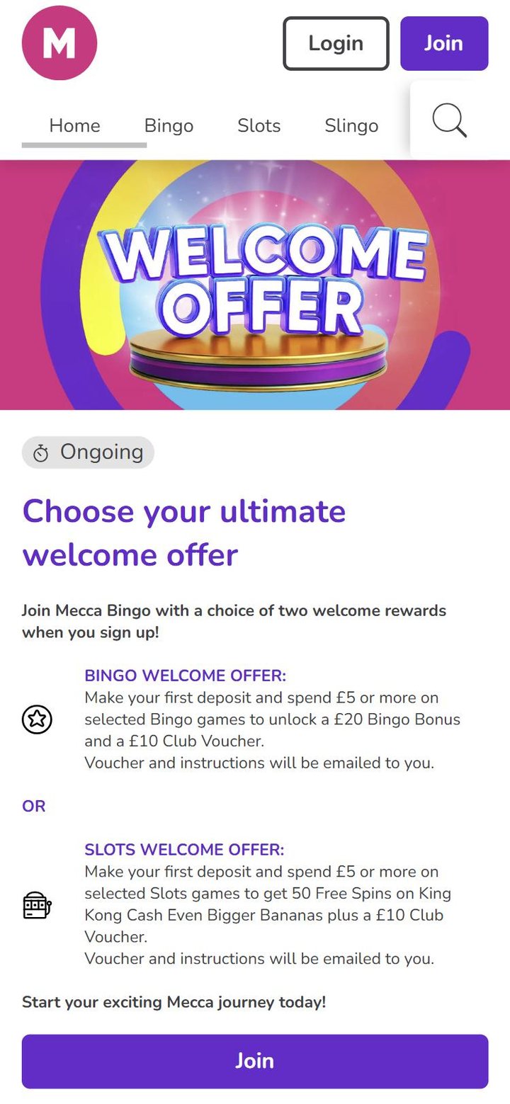Mecca Bingo welcome offer page