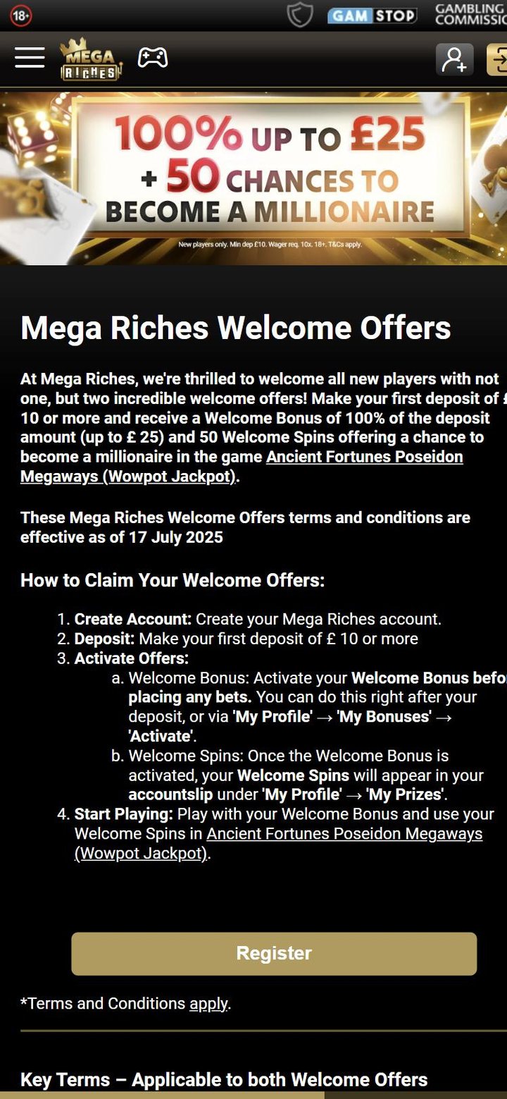 Mega Riches welcome offer page, approved by Casino Gambler