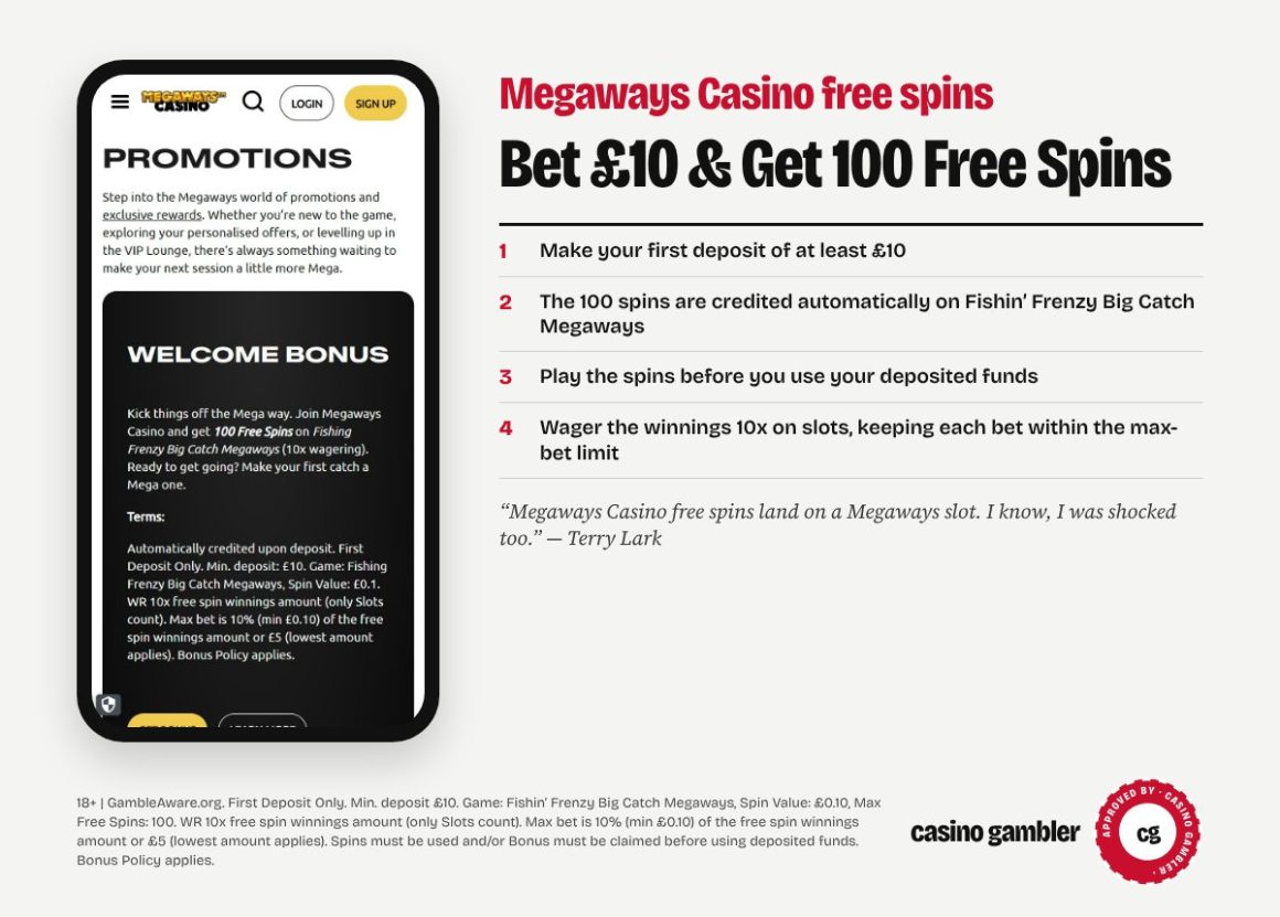 Megaways Casino free spins: Bet £10 & Get 100 Free Spins, with Megaways Casino’s welcome offer page and how to claim