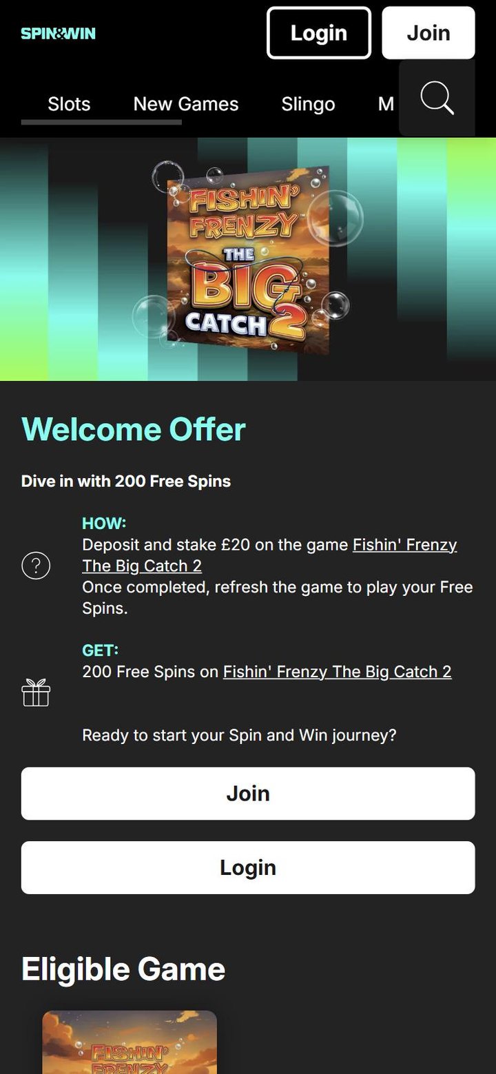 Spin and Win welcome offer page