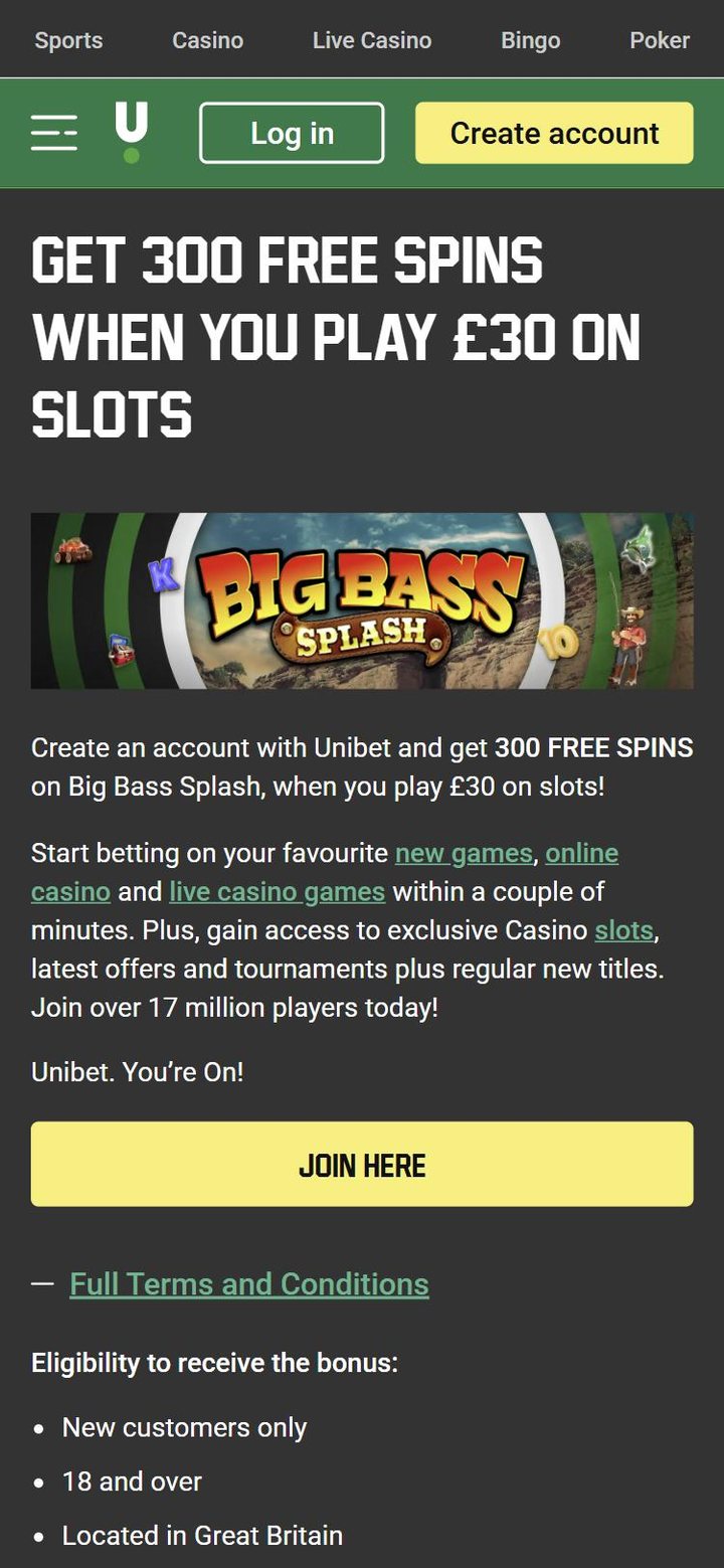 Unibet Casino welcome offer page