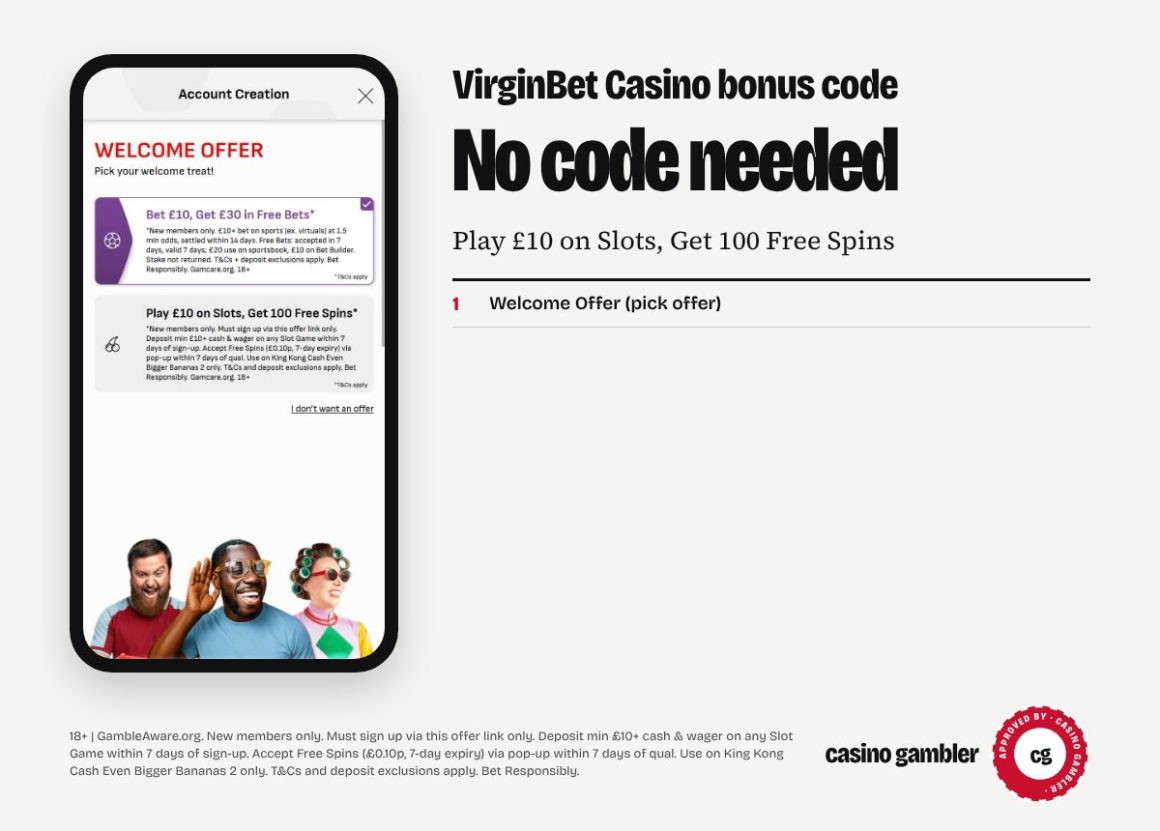 VirginBet Casino bonus code not needed: Play £10 on Slots, Get 100 Free Spins, shown beside VirginBet Casino’s own sign-up form
