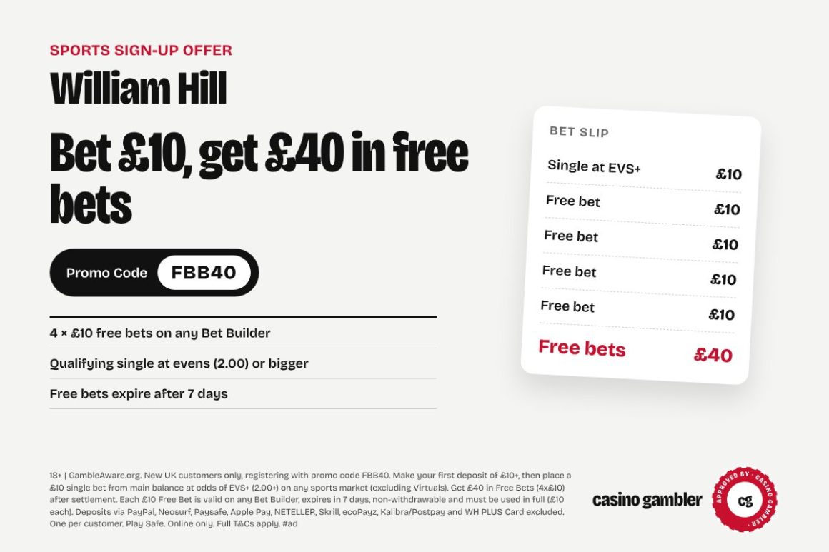 William Hill promo code FBB40 entered on William Hill's sign-up form for the bet £10 get £40 in free bets offer